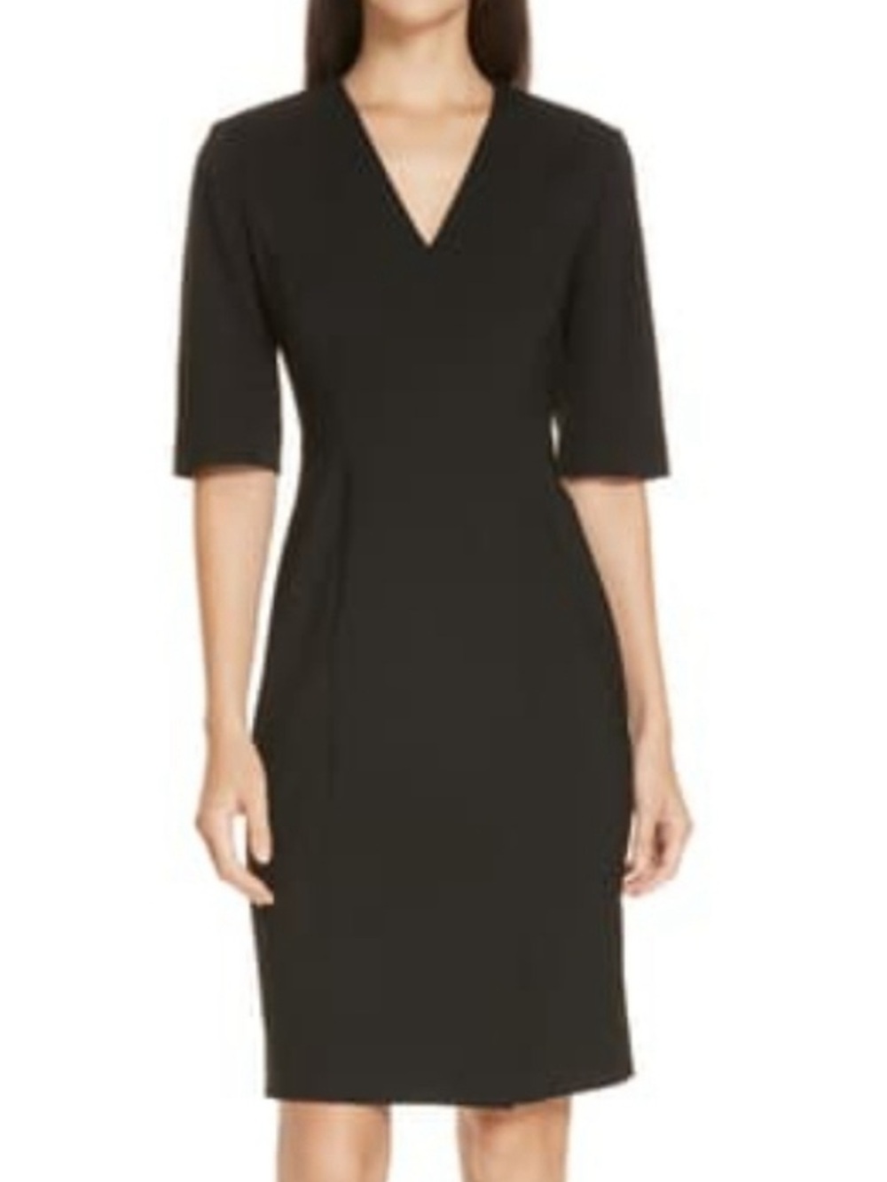Hugo Boss Daleno Black V Neck Italian Stretch Wool Tailored Sheath Midi Dress- 6